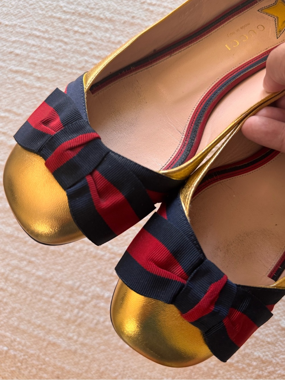 Gucci Sylvie Web Bow Metallic Gold Leather Ballet Flats –Size 37.5 –Box Included